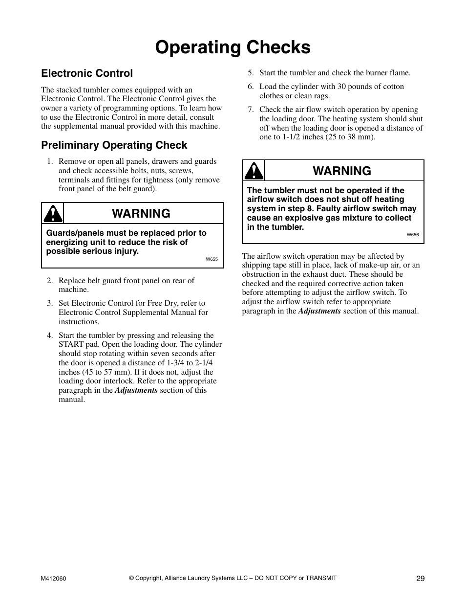 Operating checks, Electronic control, Preliminary operating check | Electronic control preliminary operating check, Warning | Alliance Laundry Systems Stacked Drying Tumbler User Manual | Page 31 / 38