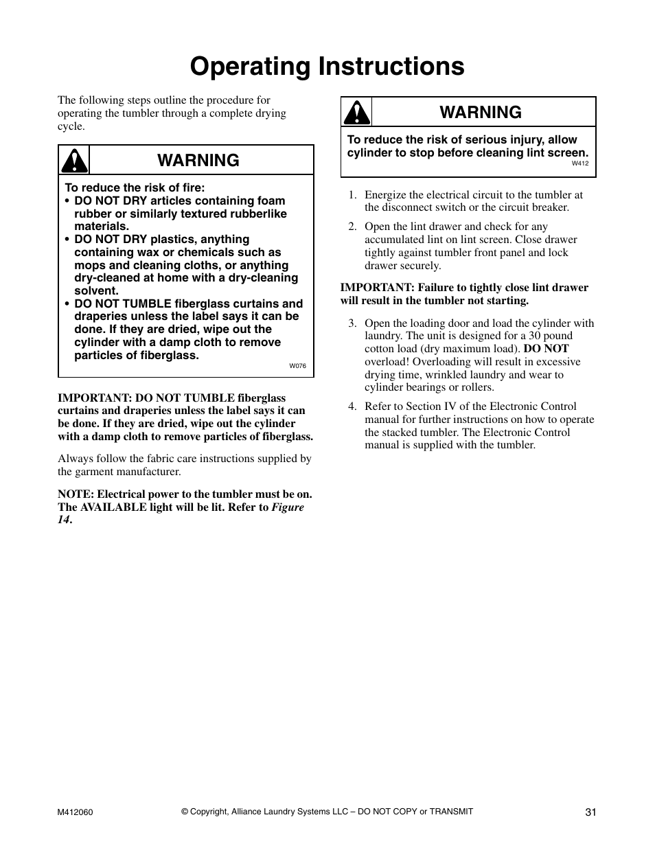 Operating instructions, Warning | Alliance Laundry Systems Stacked Drying Tumbler User Manual | Page 33 / 38