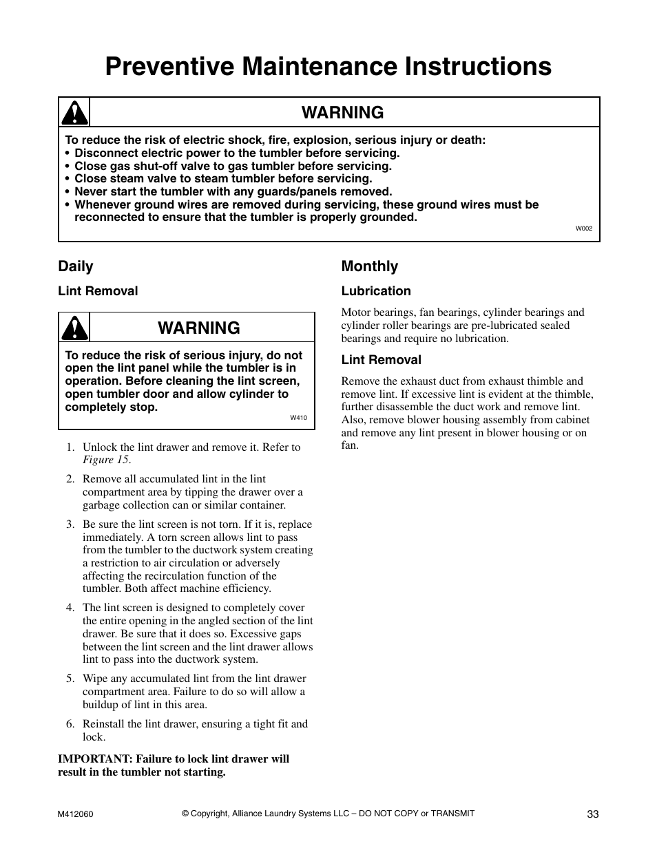 Preventive maintenance instructions, Daily, Lint removal | Monthly, Lubrication, Lubrication lint removal, Warning | Alliance Laundry Systems Stacked Drying Tumbler User Manual | Page 35 / 38