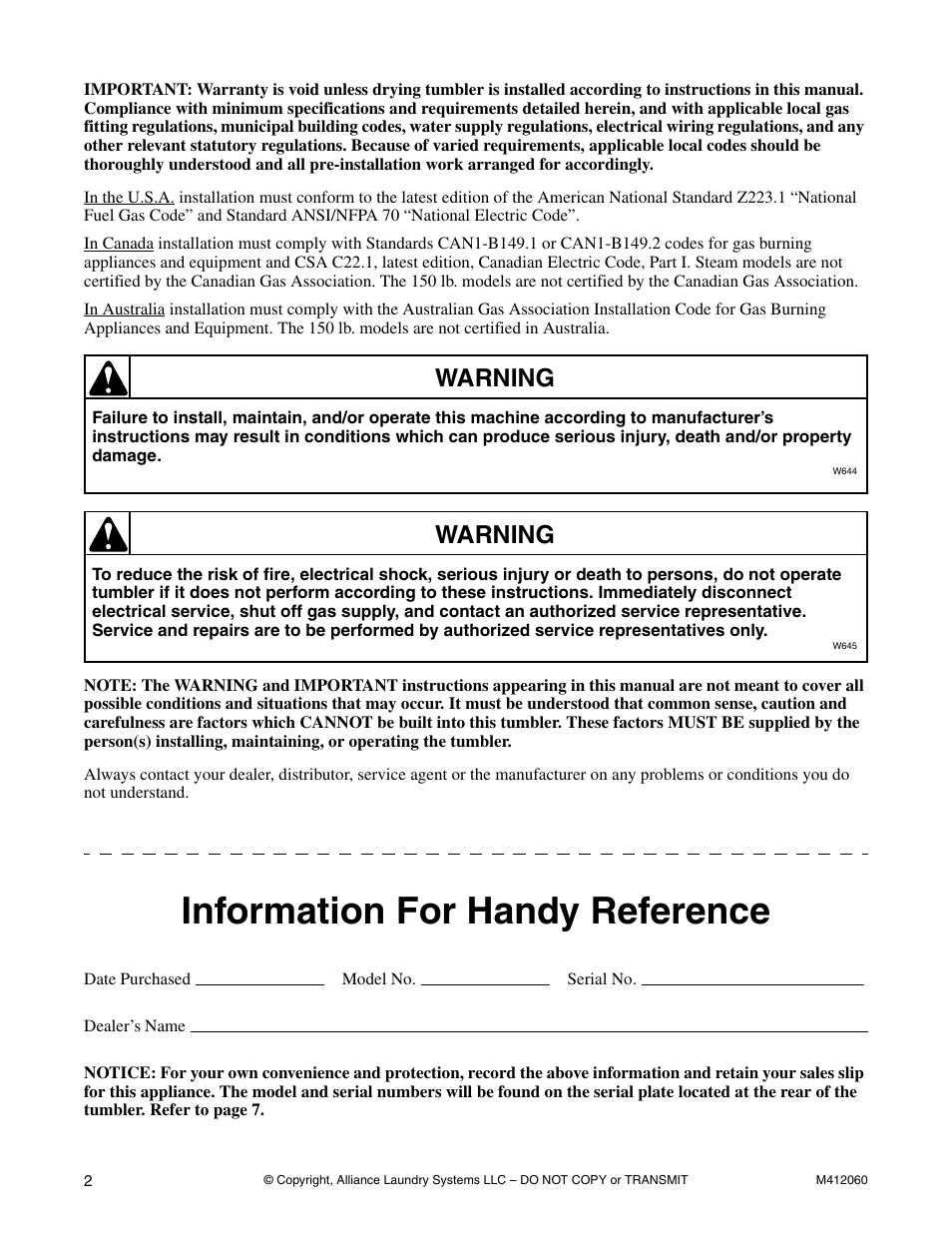 Information for handy reference, Warning | Alliance Laundry Systems Stacked Drying Tumbler User Manual | Page 4 / 38