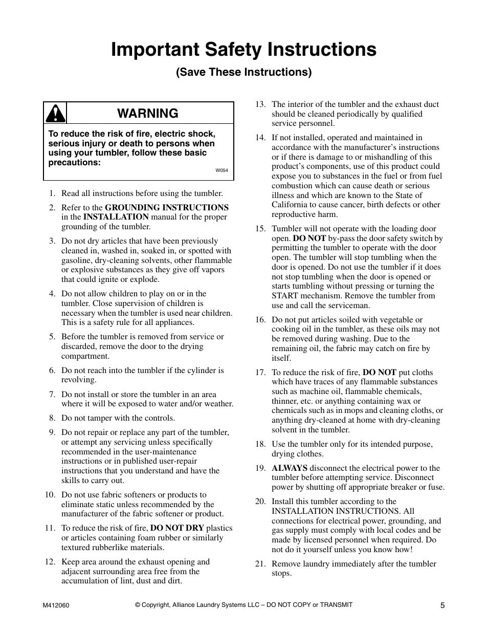 Important safety instructions, Warning, Save these instructions) | Alliance Laundry Systems Stacked Drying Tumbler User Manual | Page 7 / 38