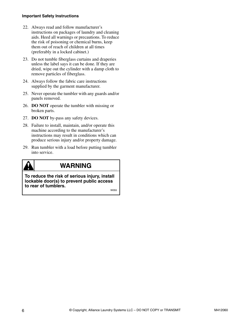 Warning | Alliance Laundry Systems Stacked Drying Tumbler User Manual | Page 8 / 38