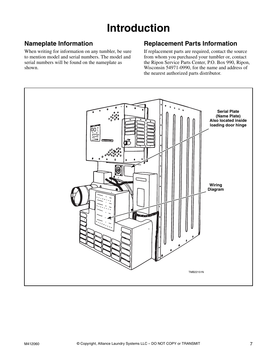 Introduction, Nameplate information, Replacement parts information | Alliance Laundry Systems Stacked Drying Tumbler User Manual | Page 9 / 38