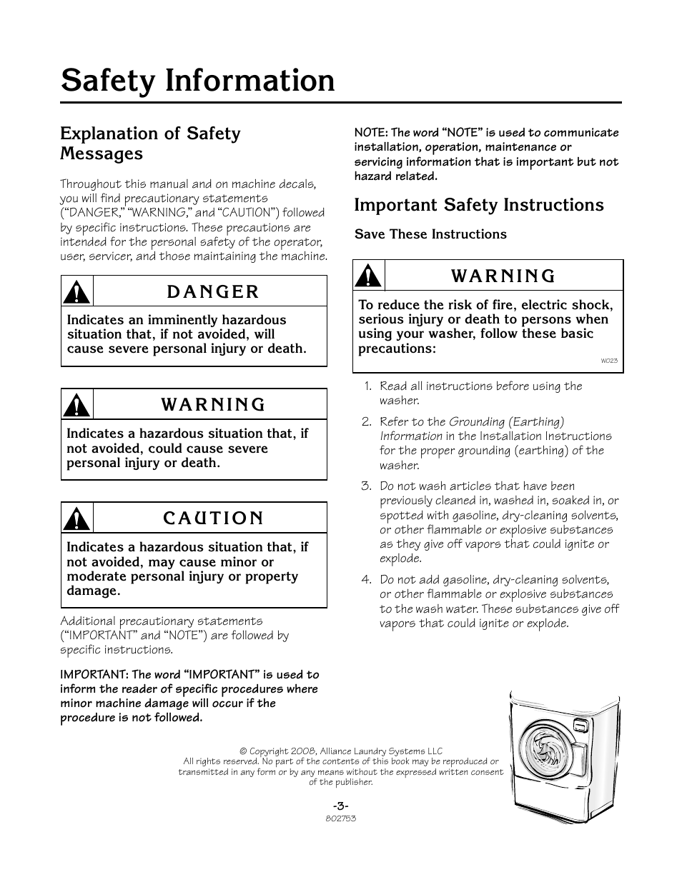 Safety information, Explanation of safety messages, Important safety instructions | Alliance Laundry Systems TLW2021N User Manual | Page 3 / 32