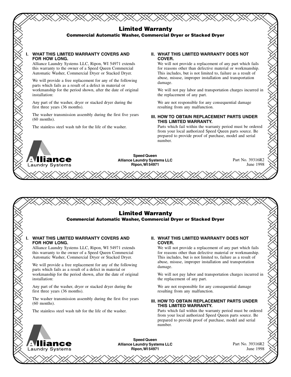 Alliance Laundry Systems Commercial Automatic Washer User Manual | 2 pages