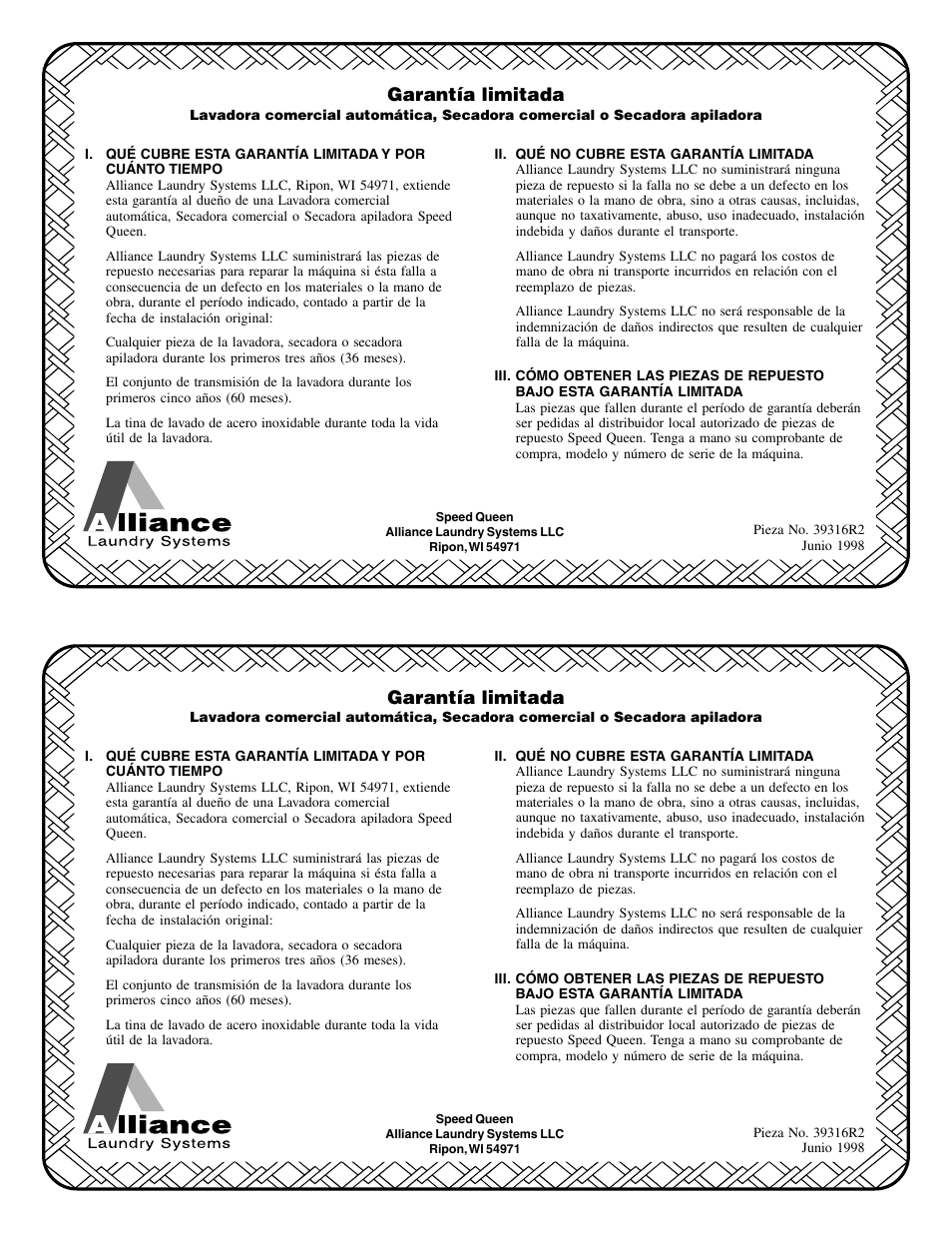 Garantía limitada | Alliance Laundry Systems Commercial Automatic Washer User Manual | Page 2 / 2