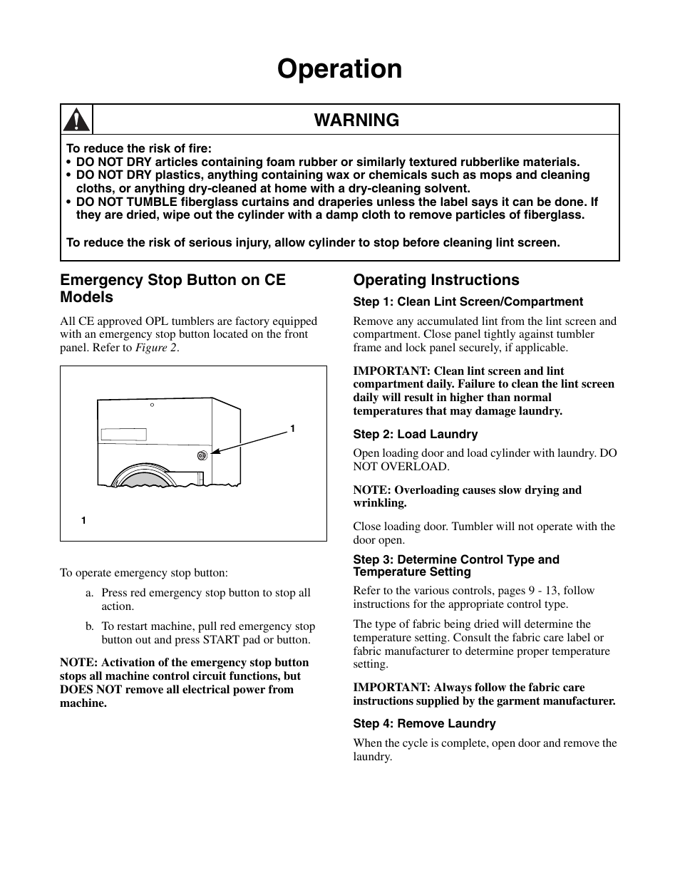 Operation, Emergency stop button on ce models, Operating instructions | Warning | Alliance Laundry Systems 170 Pound Capacity User Manual | Page 10 / 22