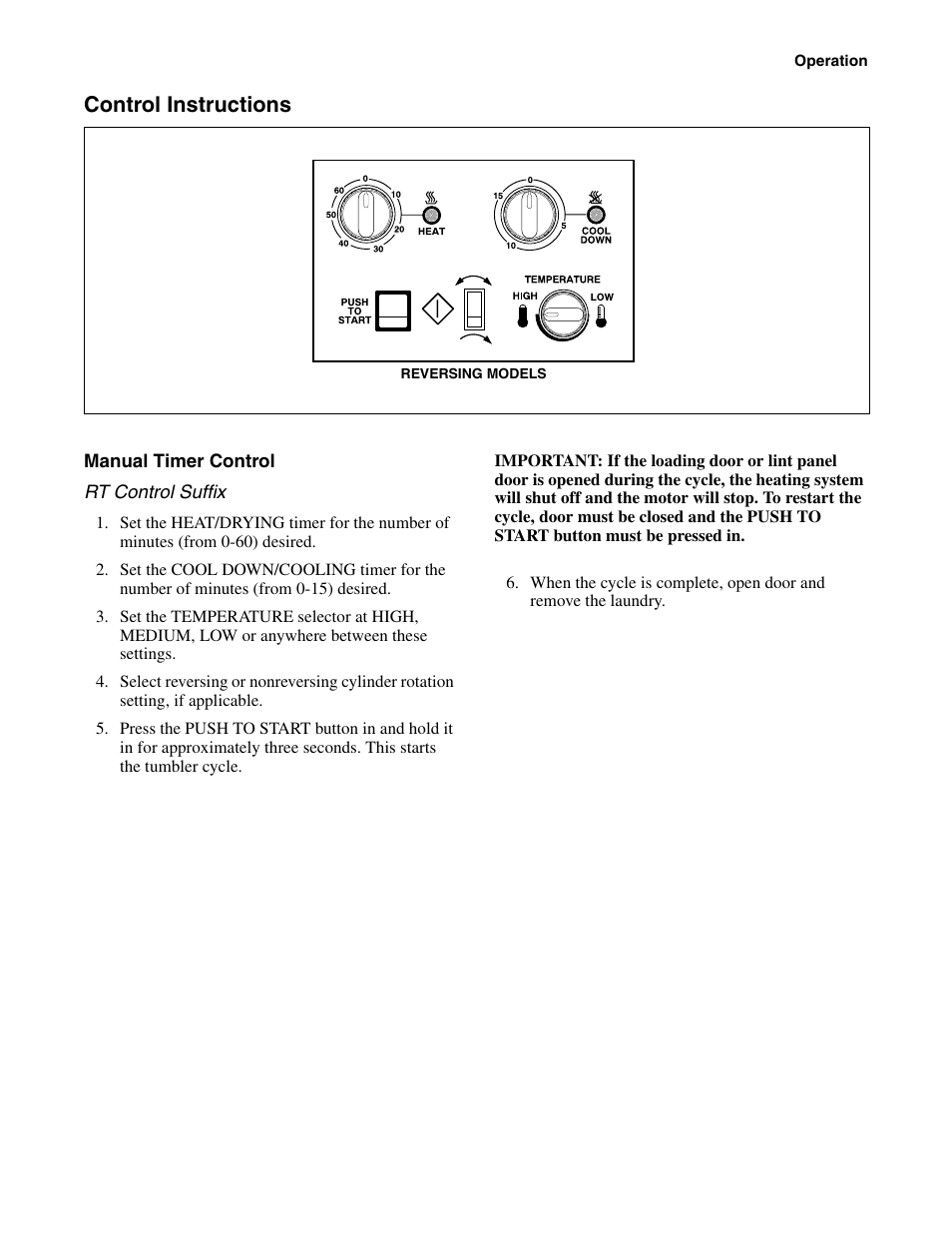 Control instructions, Manual timer control | Alliance Laundry Systems 170 Pound Capacity User Manual | Page 11 / 22