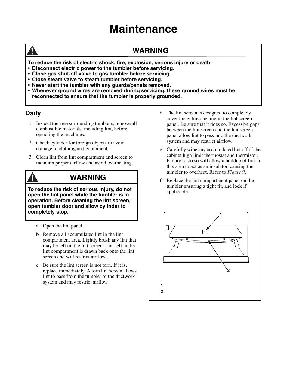 Maintenance, Daily, Warning | Alliance Laundry Systems 170 Pound Capacity User Manual | Page 18 / 22