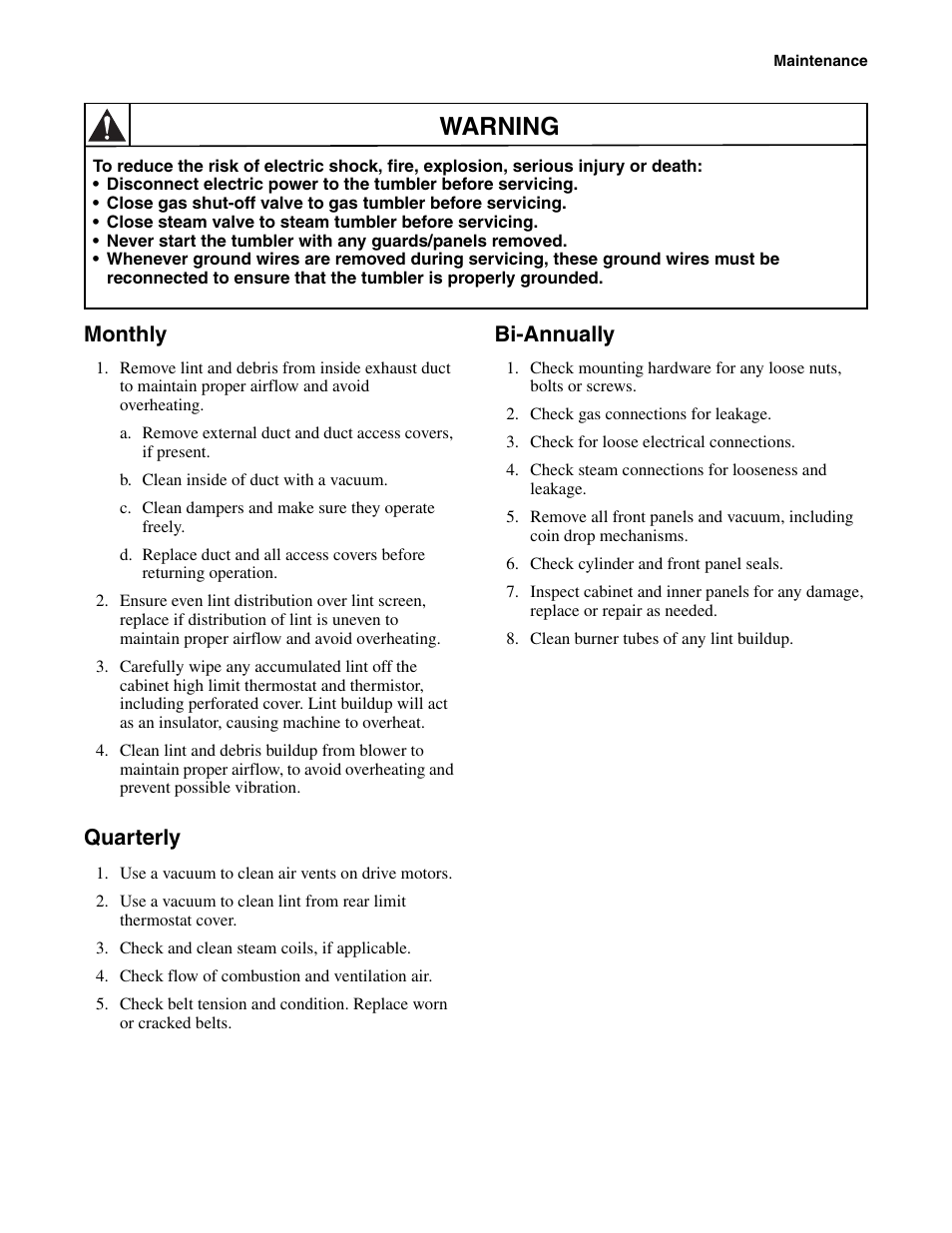 Monthly quarterly bi-annually, Warning, Monthly | Quarterly, Bi-annually | Alliance Laundry Systems 170 Pound Capacity User Manual | Page 19 / 22