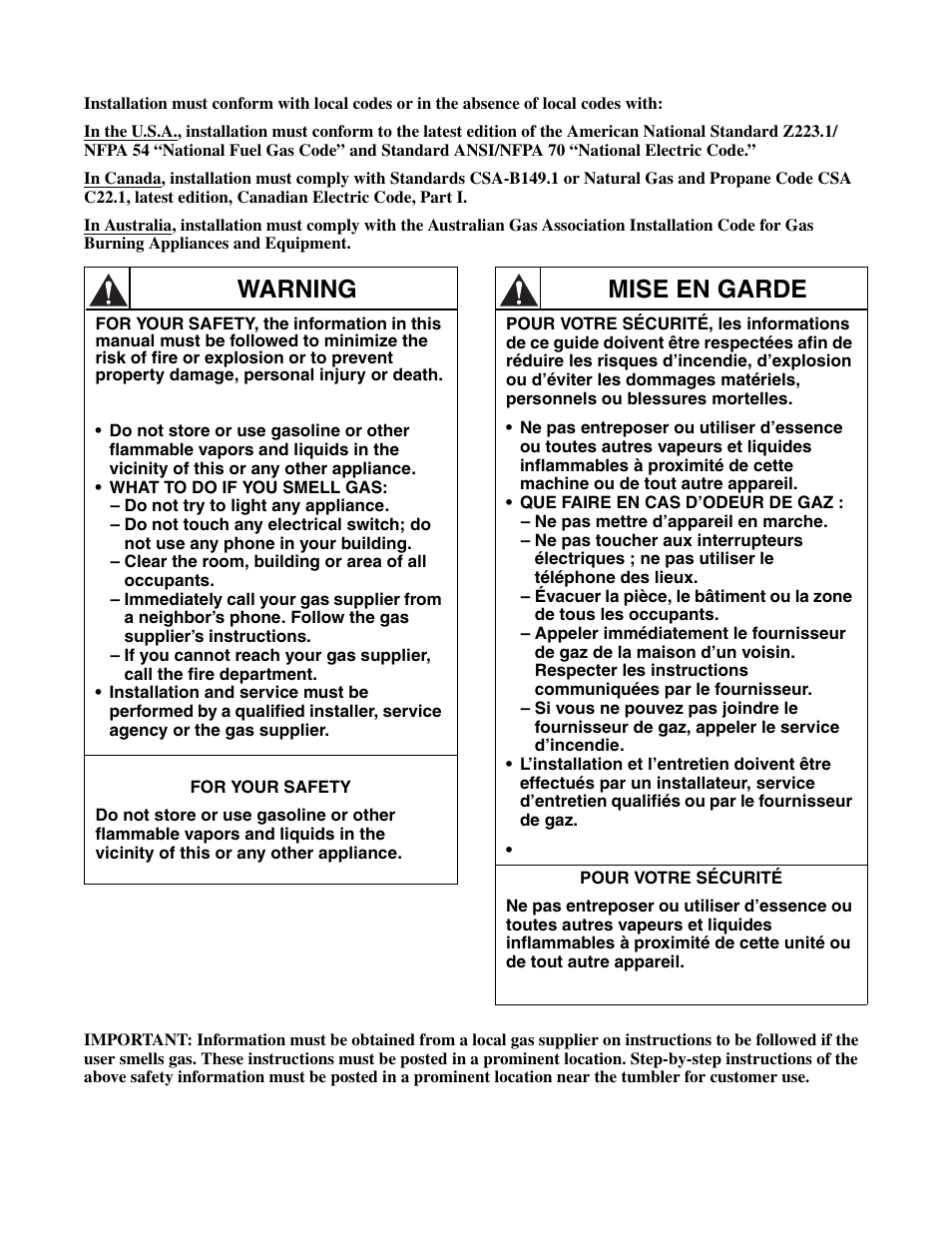 Warning, Mise en garde | Alliance Laundry Systems 170 Pound Capacity User Manual | Page 3 / 22