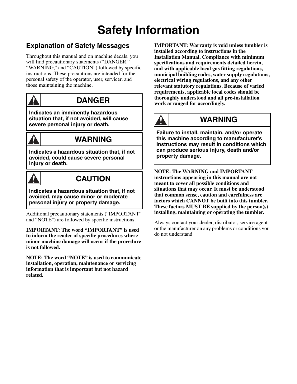 Safety information, Explanation of safety messages, Danger | Warning, Caution | Alliance Laundry Systems 170 Pound Capacity User Manual | Page 7 / 22