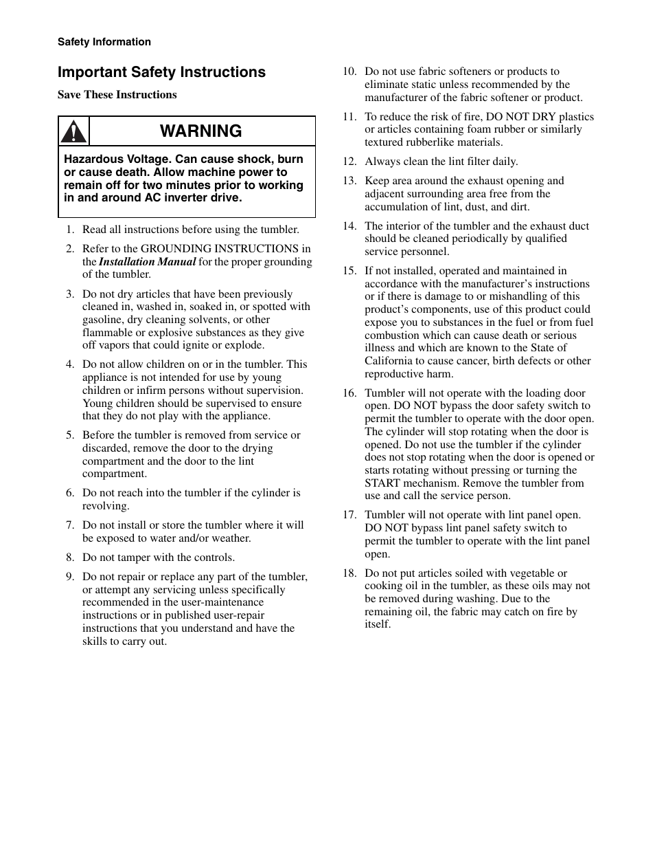 Important safety instructions, Warning | Alliance Laundry Systems 170 Pound Capacity User Manual | Page 8 / 22