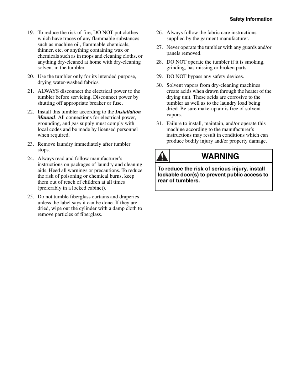 Warning | Alliance Laundry Systems 170 Pound Capacity User Manual | Page 9 / 22