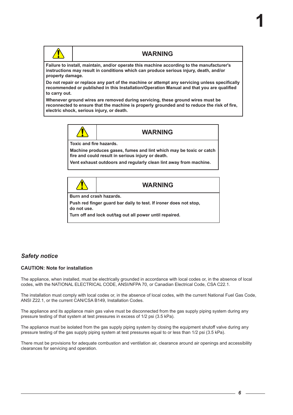 Warning | Alliance Laundry Systems CI 2050/325 User Manual | Page 6 / 65