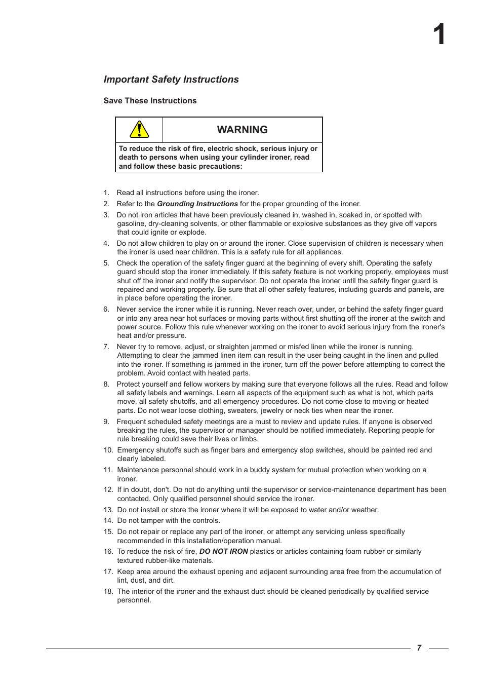 Warning, Important safety instructions | Alliance Laundry Systems CI 2050/325 User Manual | Page 7 / 65