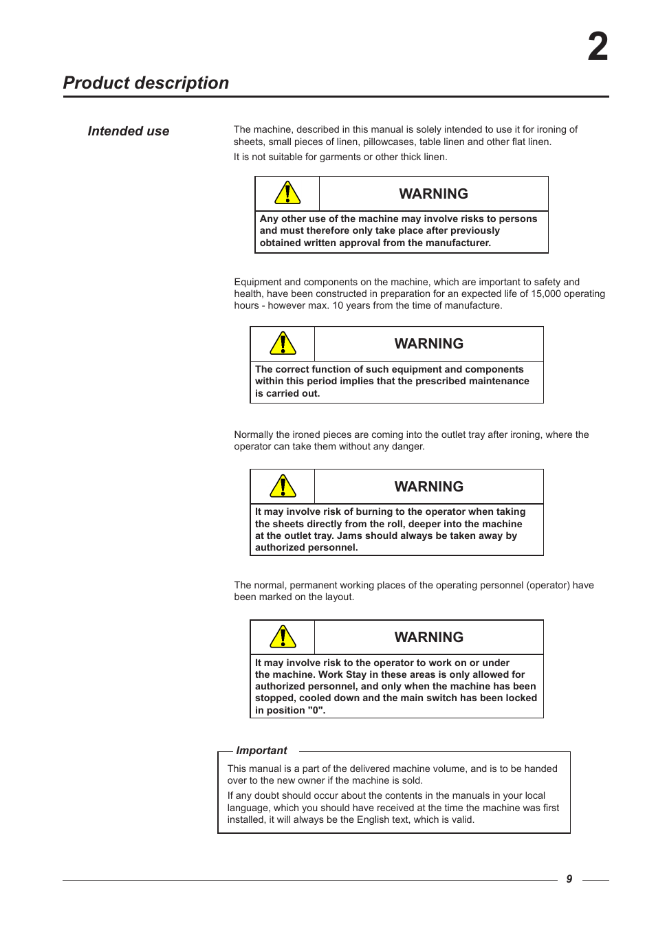 Product description, Warning | Alliance Laundry Systems CI 2050/325 User Manual | Page 9 / 65