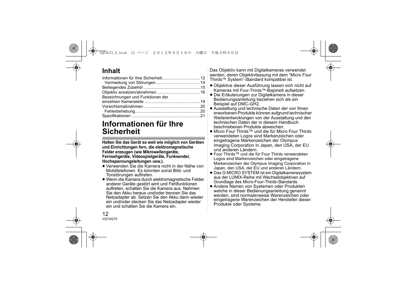 Informationen für ihre sicherheit, Inhalt | Panasonic HHS35100E User Manual | Page 12 / 72