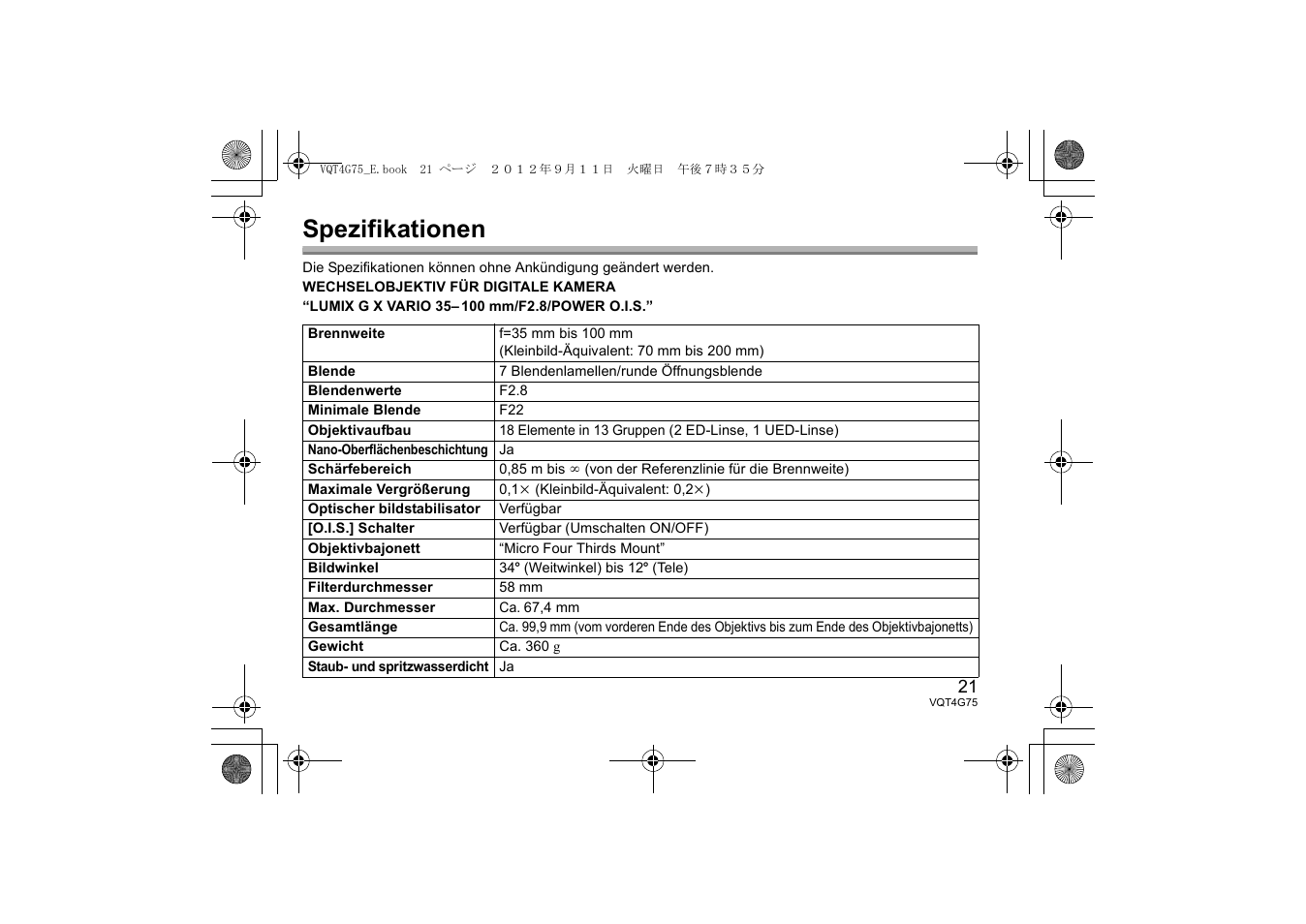 Spezifikationen | Panasonic HHS35100E User Manual | Page 21 / 72