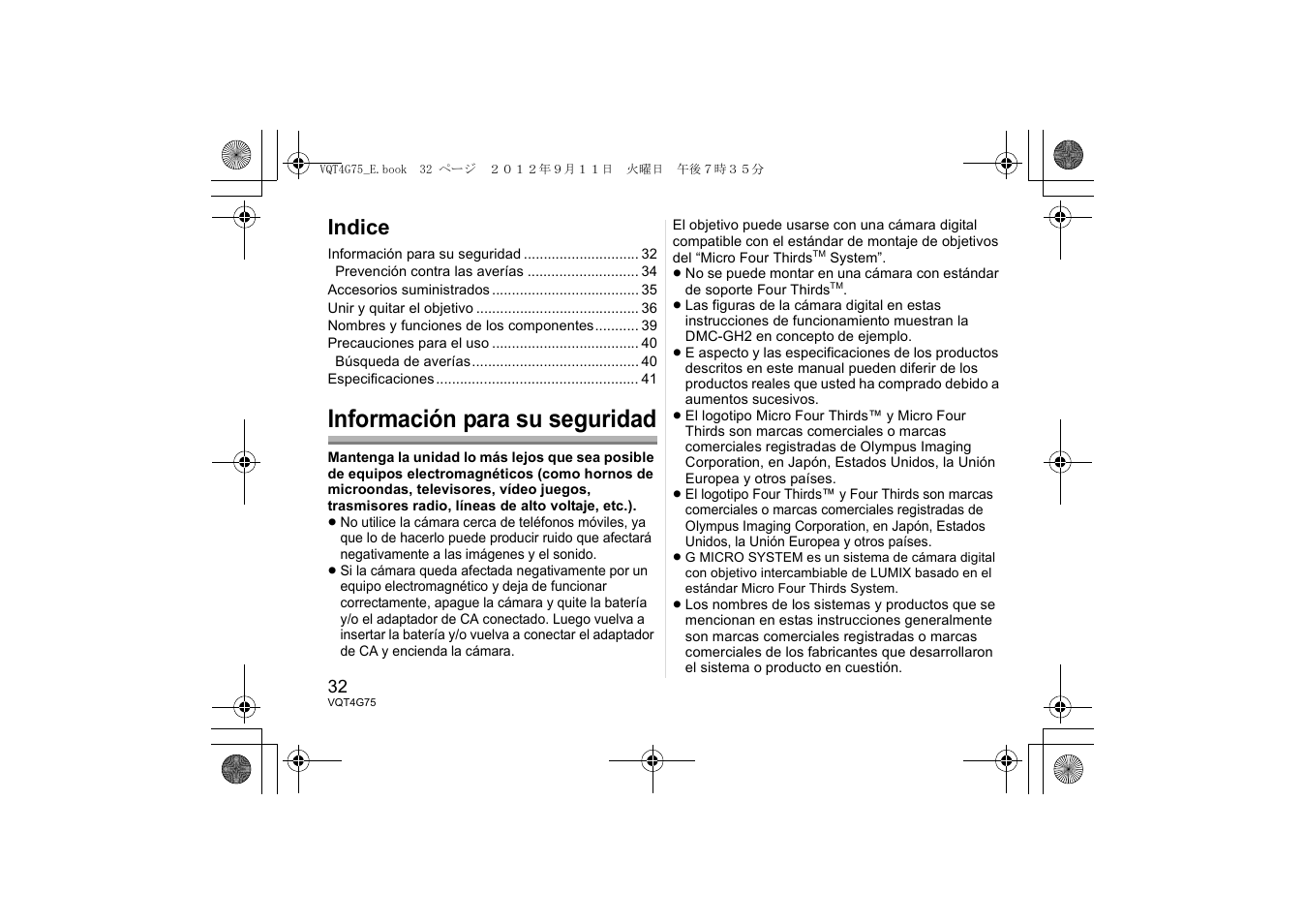 Información para su seguridad, Indice | Panasonic HHS35100E User Manual | Page 32 / 72