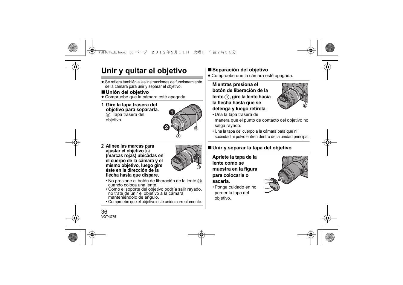 Unir y quitar el objetivo | Panasonic HHS35100E User Manual | Page 36 / 72