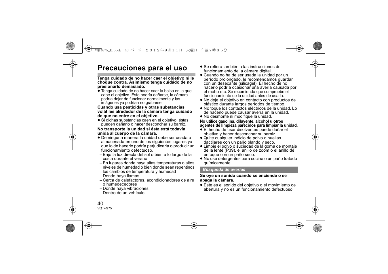 Precauciones para el uso | Panasonic HHS35100E User Manual | Page 40 / 72