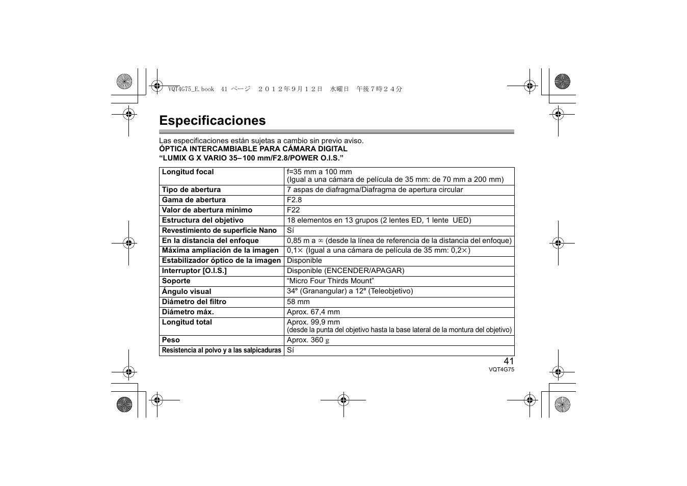 Especificaciones | Panasonic HHS35100E User Manual | Page 41 / 72