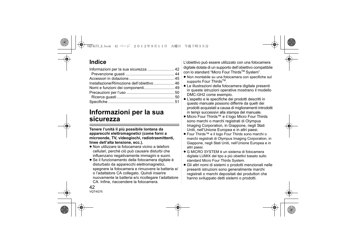 Informazioni per la sua sicurezza, Indice | Panasonic HHS35100E User Manual | Page 42 / 72