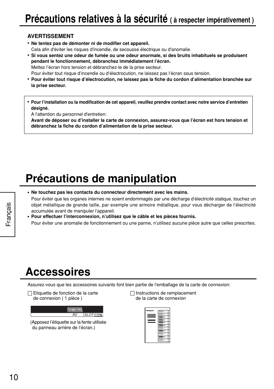 Précautions relatives à la sécurité, Accessoires, Précautions de manipulation | À respecter impérativement ) | Panasonic TYFB8SC User Manual | Page 10 / 20