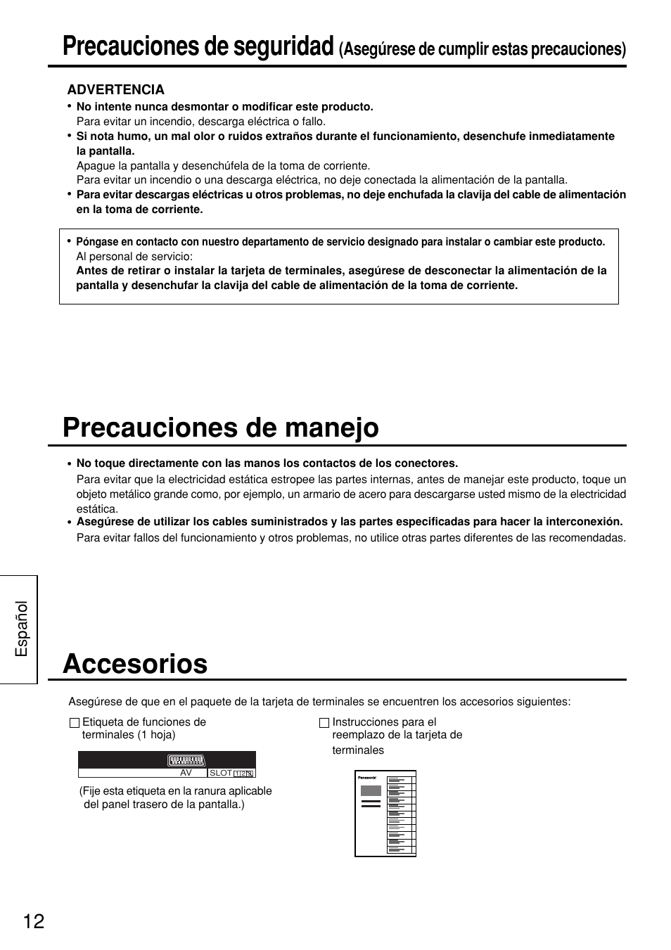 Accesorios, Precauciones de seguridad, Precauciones de manejo | Asegúrese de cumplir estas precauciones) | Panasonic TYFB8SC User Manual | Page 12 / 20