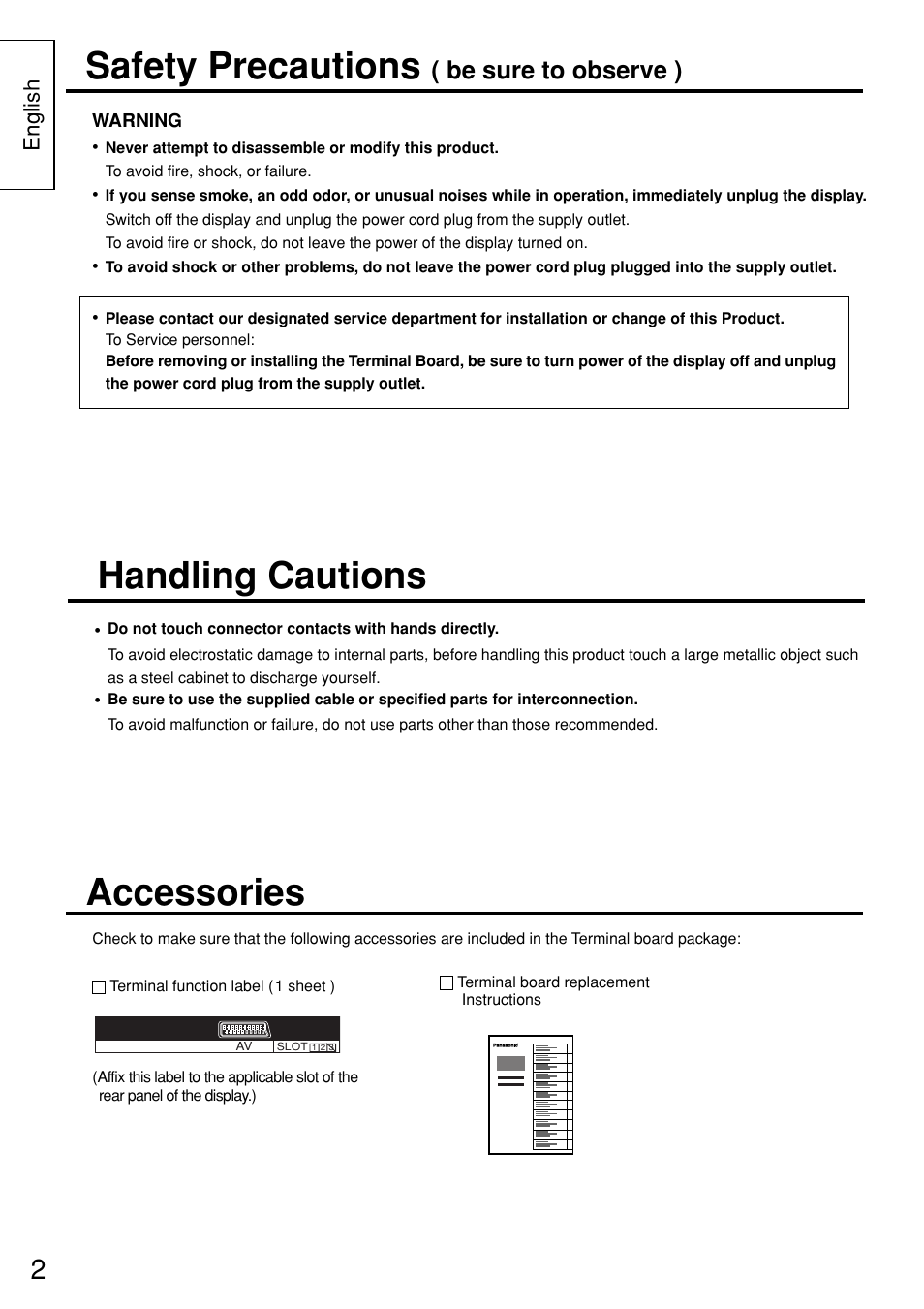 Accessories, Safety precautions, Handling cautions | Be sure to observe ), English | Panasonic TYFB8SC User Manual | Page 2 / 20