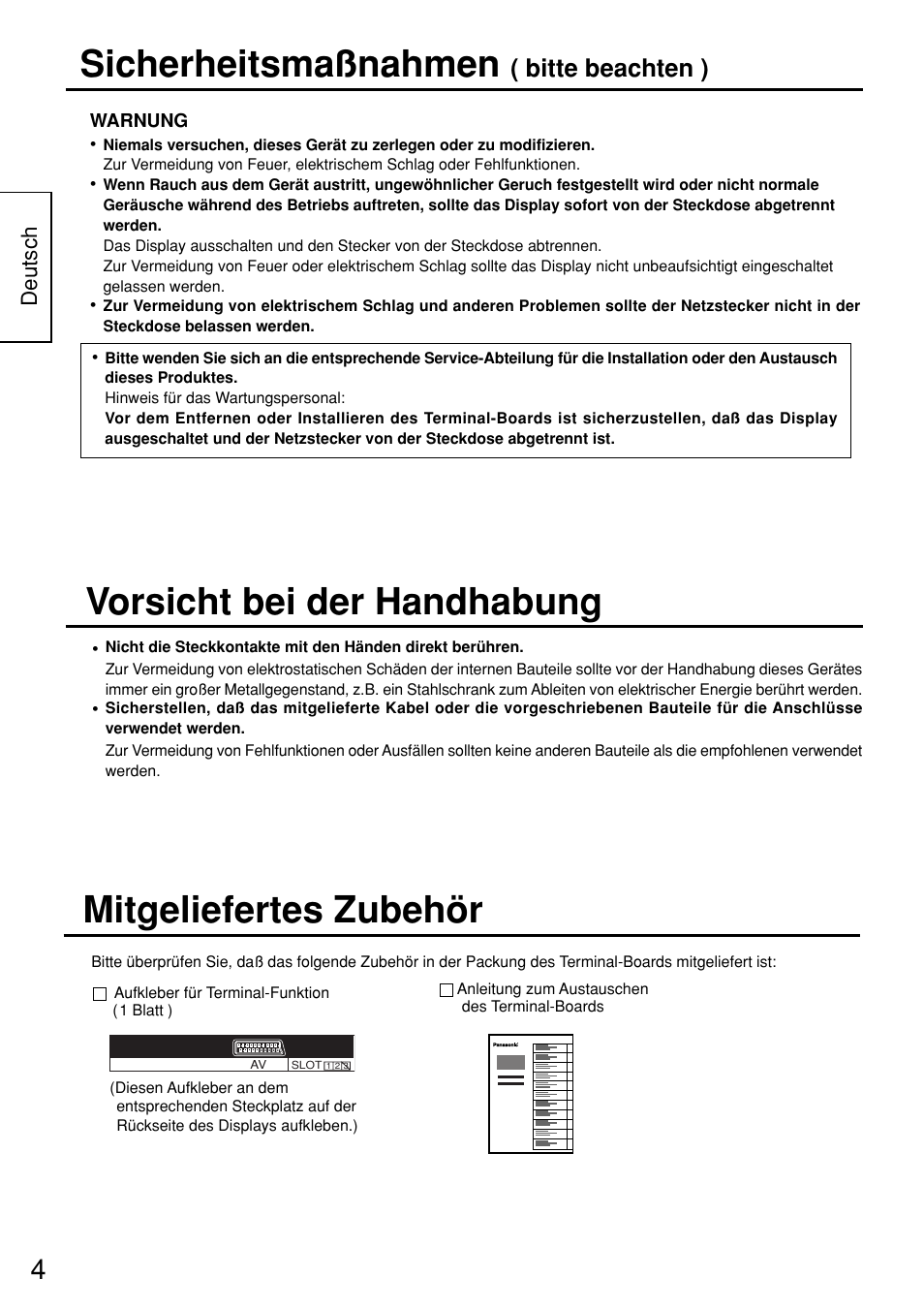 Sicherheitsmaßnahmen, Mitgeliefertes zubehör, Vorsicht bei der handhabung | Bitte beachten ) | Panasonic TYFB8SC User Manual | Page 4 / 20