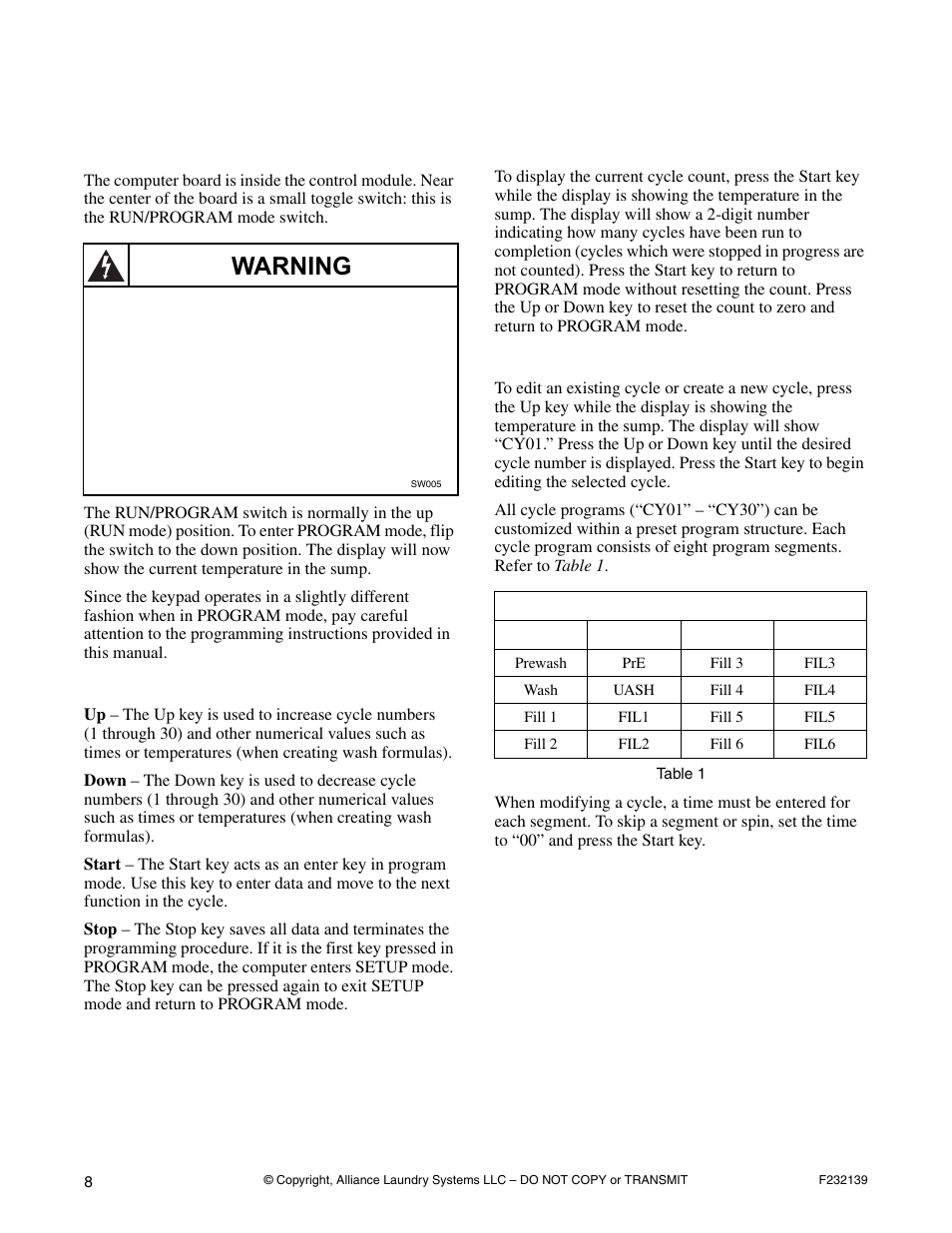 Programming, S-series microcomputers, Key functions in programming mode | Cycle count, Cycle programming, Warning | Alliance Laundry Systems F232139R3 User Manual | Page 10 / 27