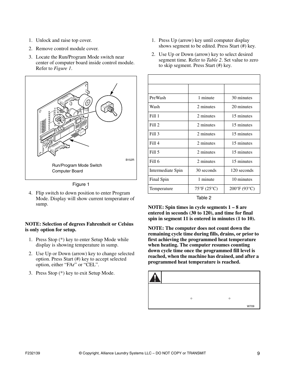 Entering program mode, Programming setup options, Programming a cycle | Warning | Alliance Laundry Systems F232139R3 User Manual | Page 11 / 27