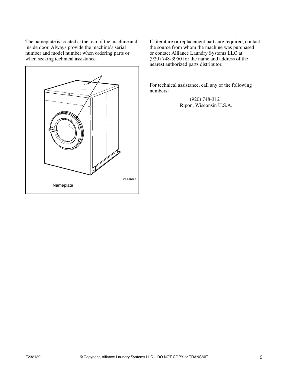 Nameplate location, Replacement parts, Customer service | Alliance Laundry Systems F232139R3 User Manual | Page 5 / 27