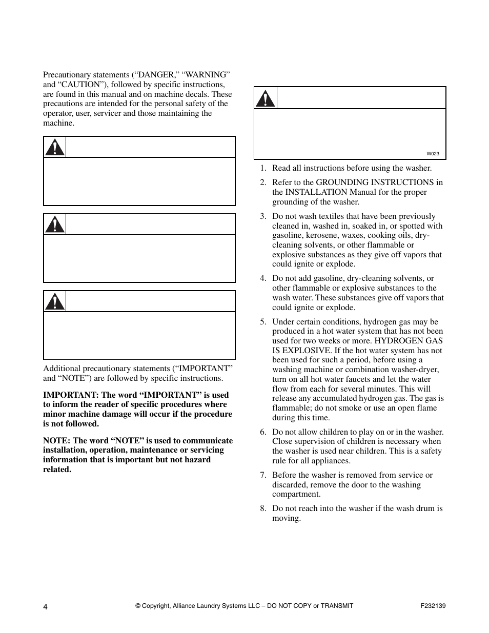 Safety information, Important safety instructions, Danger | Warning, Caution | Alliance Laundry Systems F232139R3 User Manual | Page 6 / 27