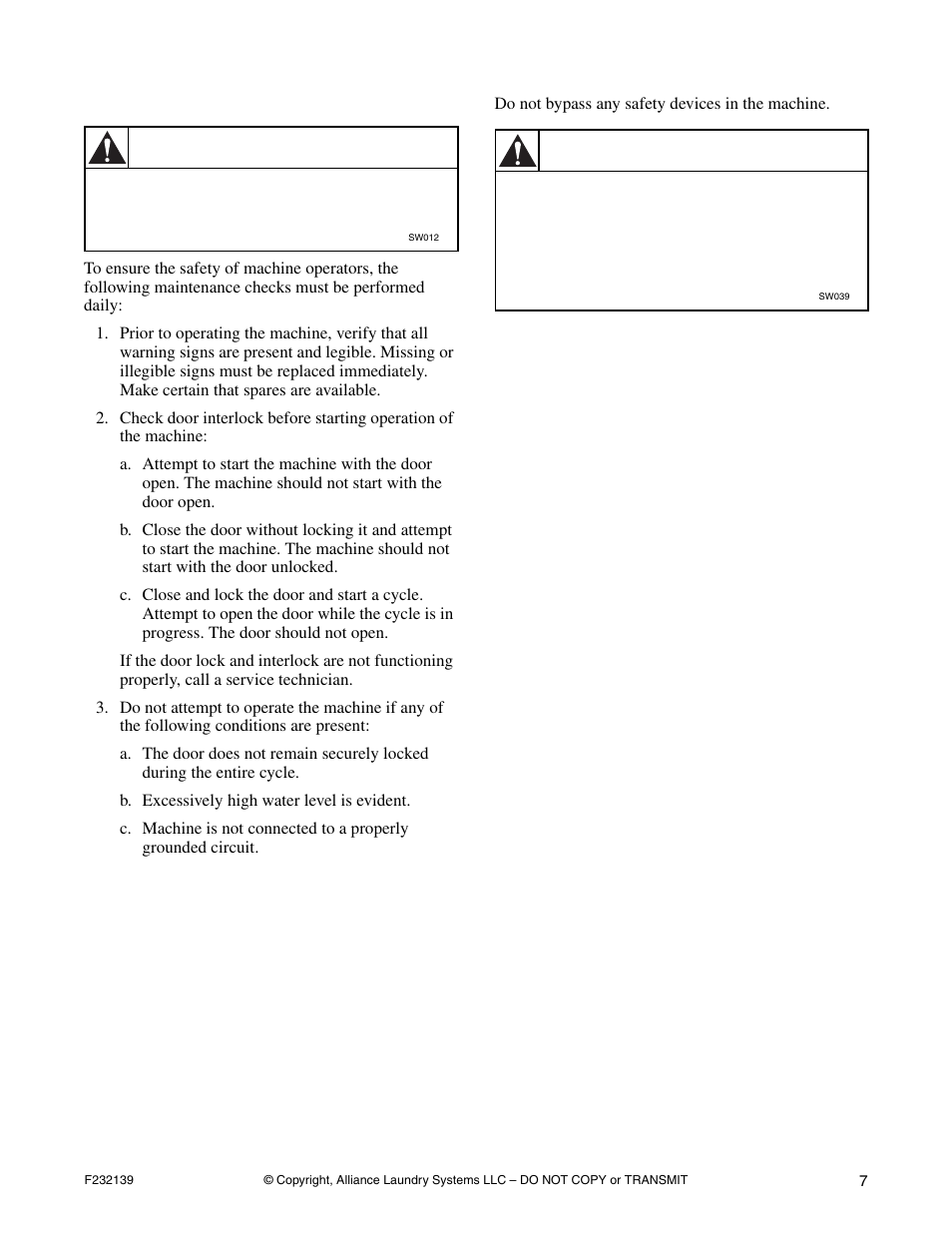 Operator safety, Warning | Alliance Laundry Systems F232139R3 User Manual | Page 9 / 27