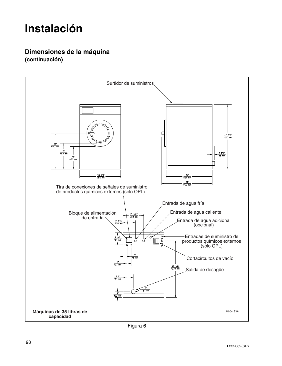 Instalación, Dimensiones de la máquina | Alliance Laundry Systems HC35 User Manual | Page 100 / 150