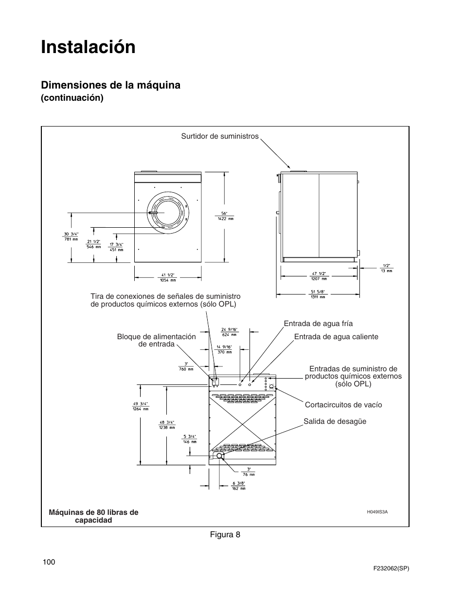 Instalación, Dimensiones de la máquina | Alliance Laundry Systems HC35 User Manual | Page 102 / 150