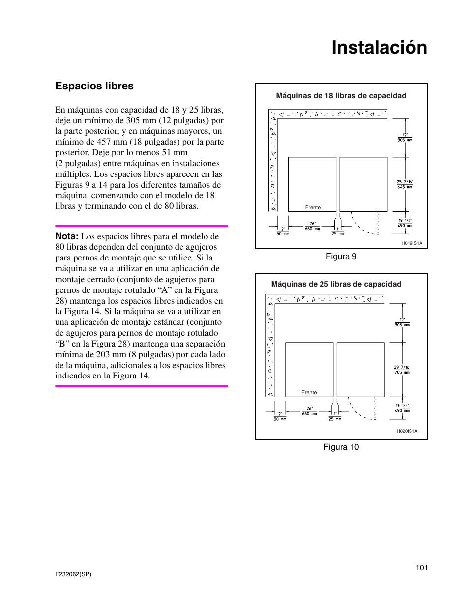 Instalación, Espacios libres | Alliance Laundry Systems HC35 User Manual | Page 103 / 150