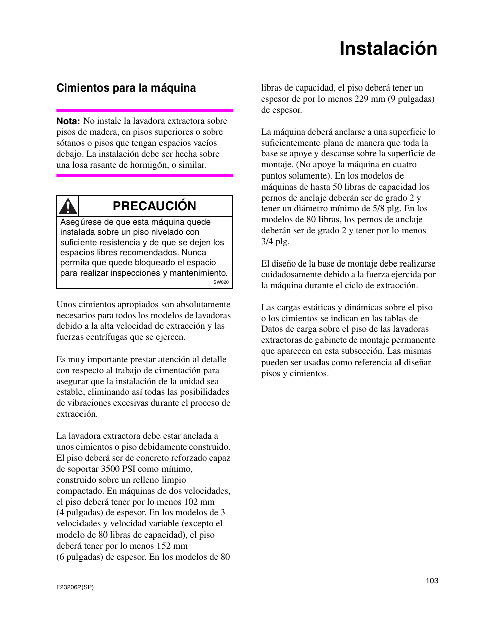 Instalación, Precaución | Alliance Laundry Systems HC35 User Manual | Page 105 / 150