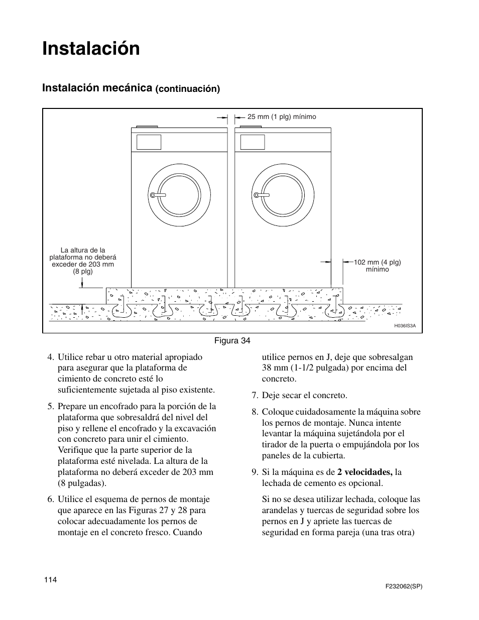 Instalación, Instalación mecánica | Alliance Laundry Systems HC35 User Manual | Page 116 / 150