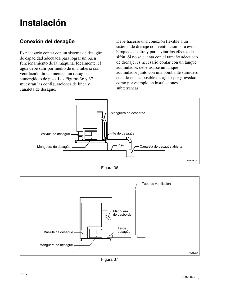 Instalación, Conexión del desagüe | Alliance Laundry Systems HC35 User Manual | Page 118 / 150