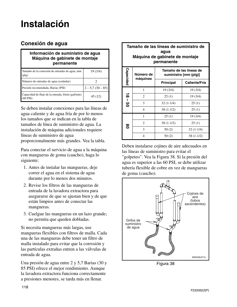 Instalación, Conexión de agua | Alliance Laundry Systems HC35 User Manual | Page 120 / 150