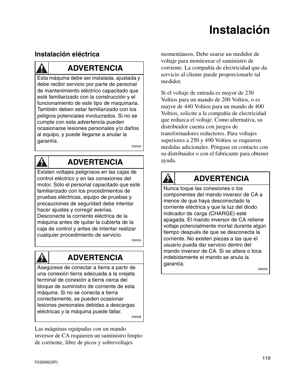 Instalación, Advertencia | Alliance Laundry Systems HC35 User Manual | Page 121 / 150