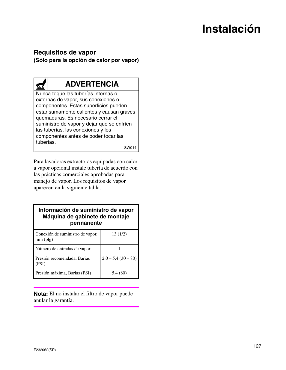 Instalación, Advertencia, Requisitos de vapor | Alliance Laundry Systems HC35 User Manual | Page 129 / 150