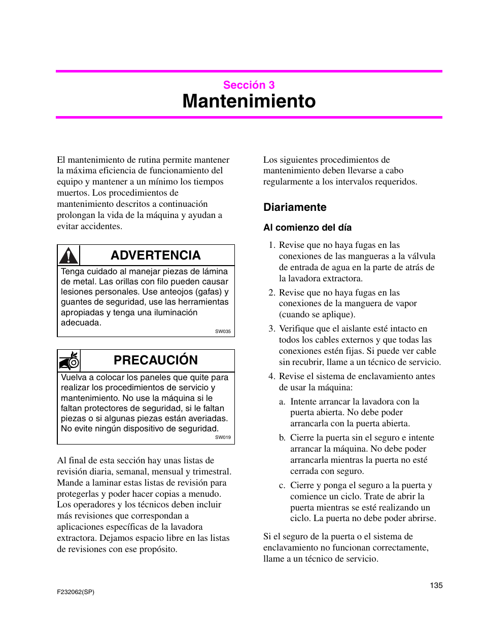 Mantenimiento, Advertencia, Precaución | Alliance Laundry Systems HC35 User Manual | Page 137 / 150