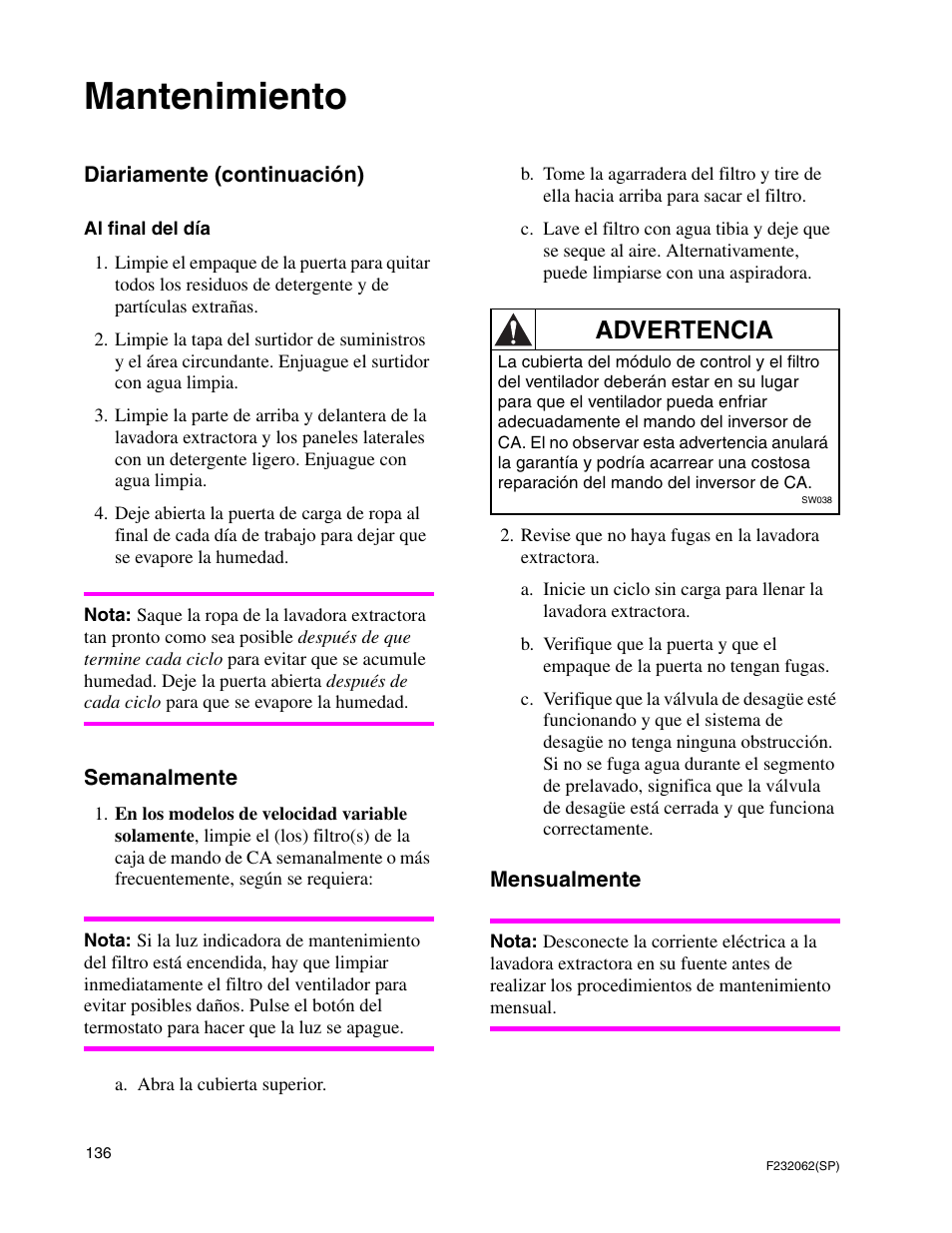 Mantenimiento, Advertencia | Alliance Laundry Systems HC35 User Manual | Page 138 / 150