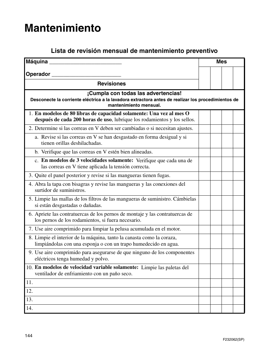 Mantenimiento | Alliance Laundry Systems HC35 User Manual | Page 146 / 150