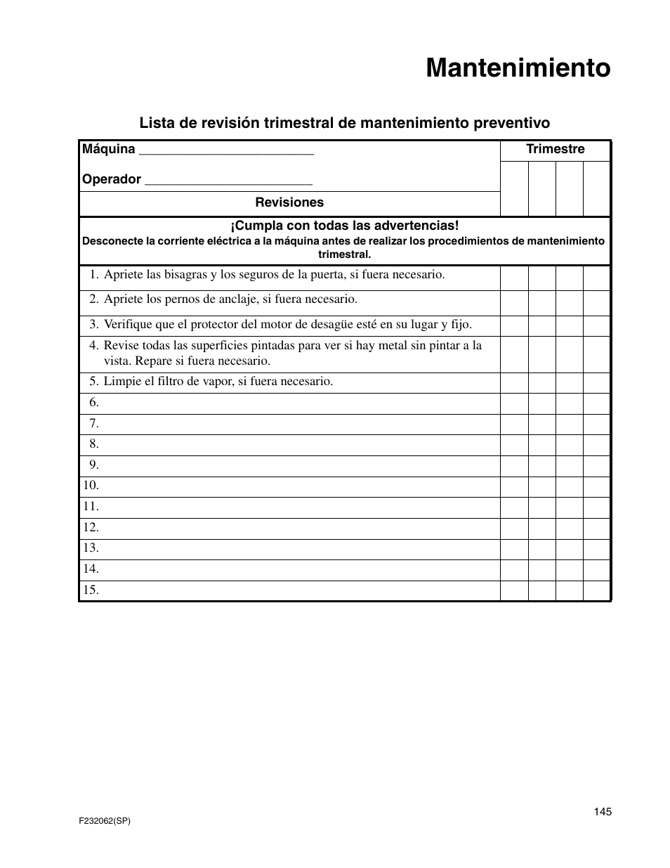 Mantenimiento | Alliance Laundry Systems HC35 User Manual | Page 147 / 150